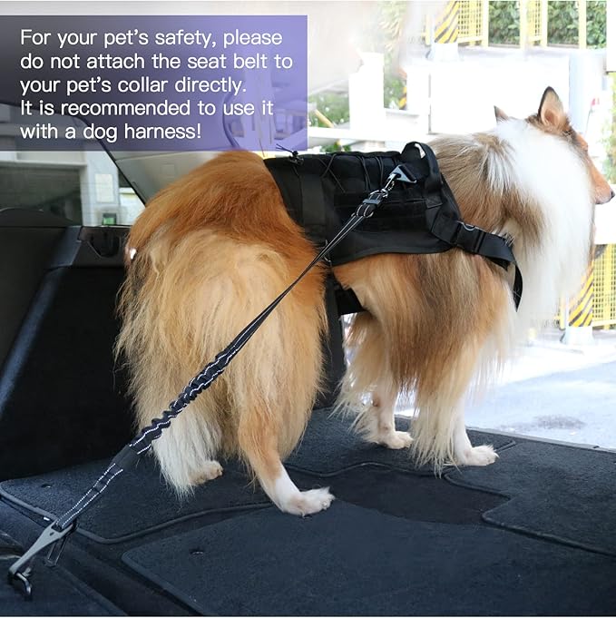 AUBELL Dog Seat Belt for Car,Updated 3-in-1 Adjustable Reflective Bungee Heavy Duty Dog Car Harness Tether with Clip Hook Latch & Buckle,Swivel Zinc Alloy Carabiner,Black
