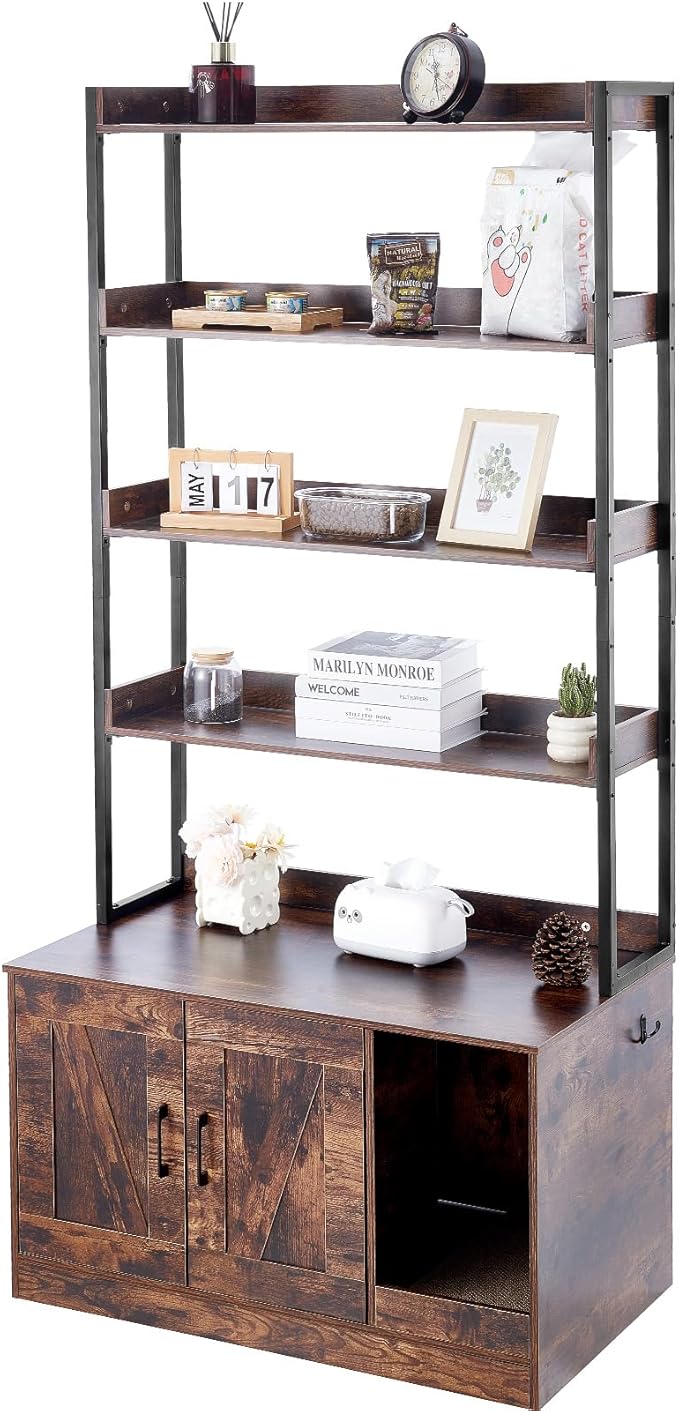 VEVOR Cat Litter Box Enclosure, Hidden Cat Box Furniture with 4 Storage Shelves, Large Cats House Cabinet Hidden Fit Most Litter Box, Wooden Cats Washroom Indoor, 33.5"L x 19.3"W x 72.3"H, Dark Brown