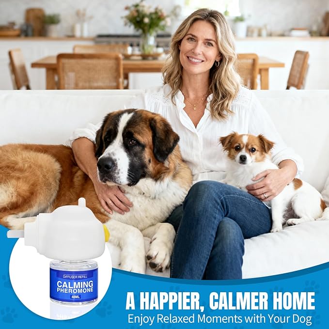 Dog Pheromones Calming Diffuser Anxiety Relief Calming Diffuser for Dog Reduce Aggression Stress Fighting Barking Chewing Pee Accidents & Separation Behaviors, 1 Plug in+2x48ml Refill