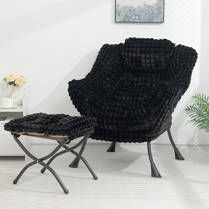 HollyHOME Lazy Chair with Foldable Ottoman, Accent Comfy Lounge Armchair and Folding Footrest Stool, Leisure Sofa Reading Chair and Footstool for Living Room, Bedroom, Dorm,Faux Fur Black