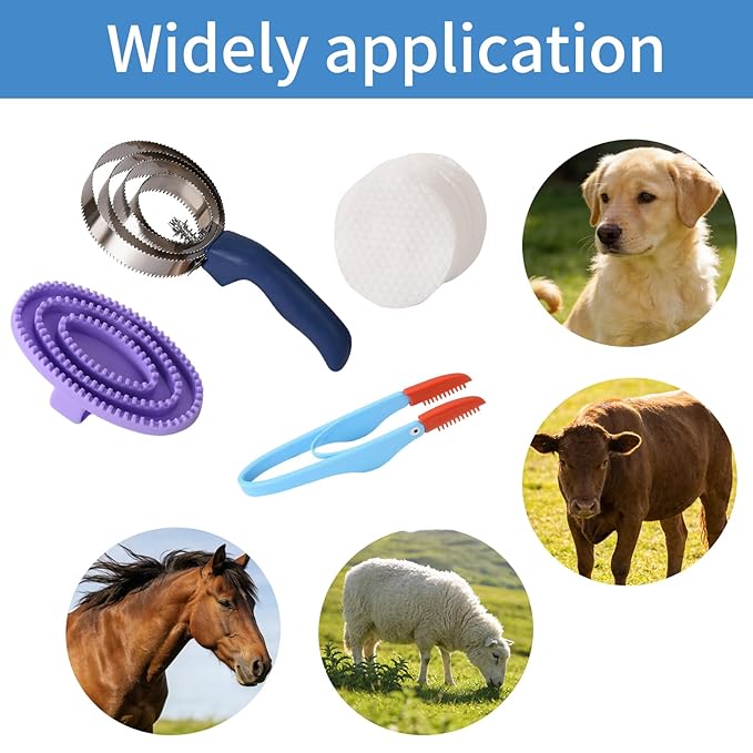 Curry Comb Kit, 4 Ring Curry Comb, Rubber Brush, Tear Stain Wipe Brush Set for Horses, Dogs, Goats, Cattle, Cow, Cleaning Supplies
