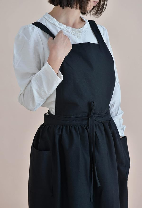 VLZUFE Women Cotton Linen Cross Back Apron with Pockets for Gardening Works Pinafore Dress Black