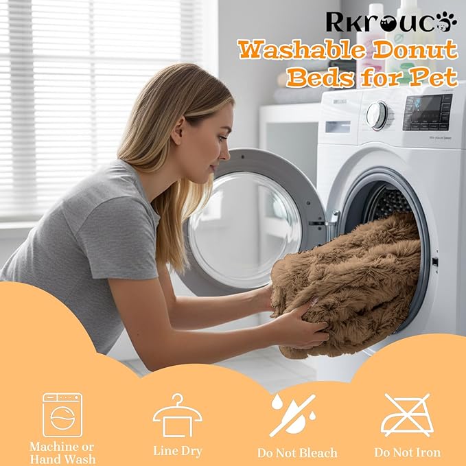 Fluffy Dog Bed Calming Donut Beds for Large Dogs Warming Round Small Medium Pet Nest Cozy Cat Mattress Indoor Washable Puppy Kennel Kittens Sleep Mat (S, 23.6×23.6 inch, Light Brown)