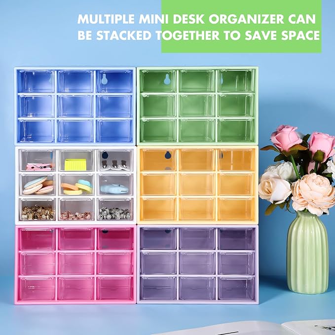 Amyhill 6 Pcs Mini Drawer Organizer Small Organizer with 9 Drawers Plastic Desktop Craft Storage Box for Office Home Room Jewelry Cosmetics Collection(White)