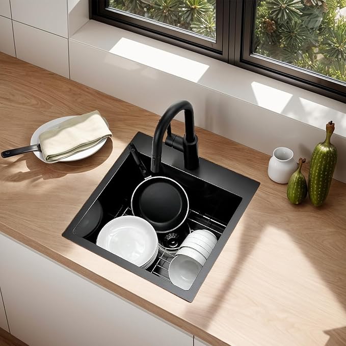 18x18 inch Drop in Bar Sink Black, Topmount Stainless Steel Small Kitchen Sink for Laundry Wet Bar Prep RV Office Outdoor Yard with Dish Grid and Basket Strainer