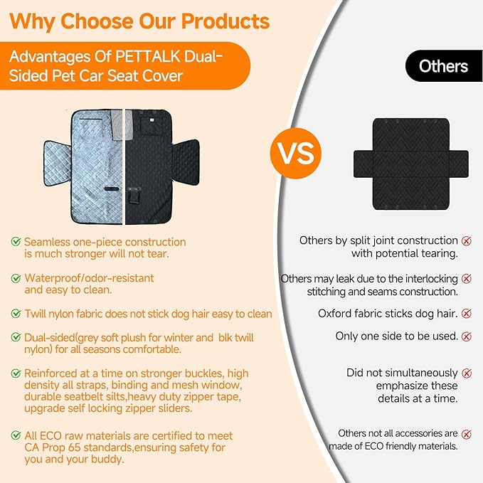 PETTALK Dual-Sided/Reversible Suitable for All Seasons Pet Car Seat Cover, Upgrade Waterproof Dog Seat Hammock/Bench/Cargo Liner, Heavy Duty, Scratch-Proof, Fits Most Vehicle,Eco-Friendly