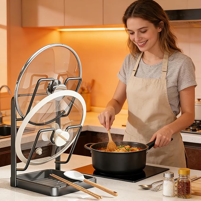 Kitchen Pot Lid Storage Rack, Double Layer Pot Lid Organizer Rack & Holder While Cooking, Metal Pot Lid Stand with Spoon Rest and Removable Drip Tray, Space-Saving Design (Beige, 2)