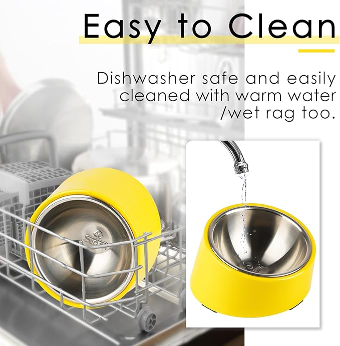 SuperDesign Mess Free 15° Slanted Bowl for Dogs and Cats, Tilted Angle Bulldog Bowl Dog Feeder, Non-Skid & Non-Spill, Easier to Reach Food S/0.5 Cup Bright Yellow
