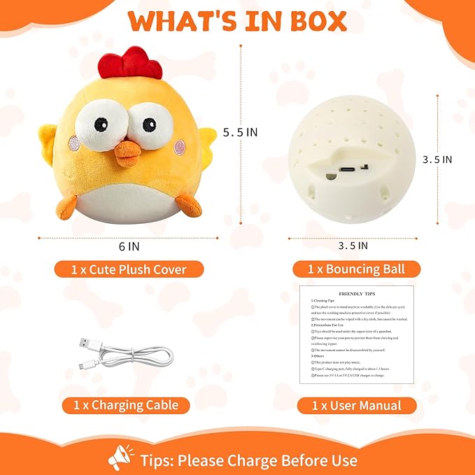 Interactive Dog Toy Ball, Upgrade Automatic 1.5H Jump Plush Toy with Removable Zipper for Small Large Dogs, Rechargeable Squeaky Move Bounce Ball for Pets Keep Busy, No Loud Music (Chicken)