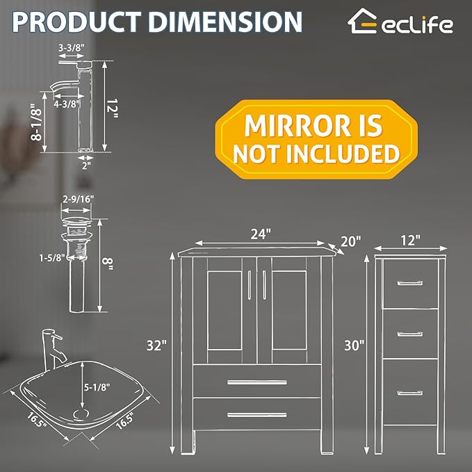 eclife 84" Modern Bathroom Vanity Sink Combo Freestanding Cabinet with Small Side Cabinet, Brown Square Glass Vessel Sink, Water Save Faucet, Drain (Gray+A48)