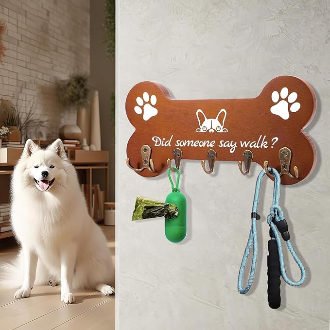 PROOTORBone Shape Dog Leash Holder for wall Mount and Storage Organizer, 11.8'' x 5.9'' x 3.7 - Coat Rack with 5 Hooks Cute House Warming Gift for Dog Lovers, Door and Bedroom Decor