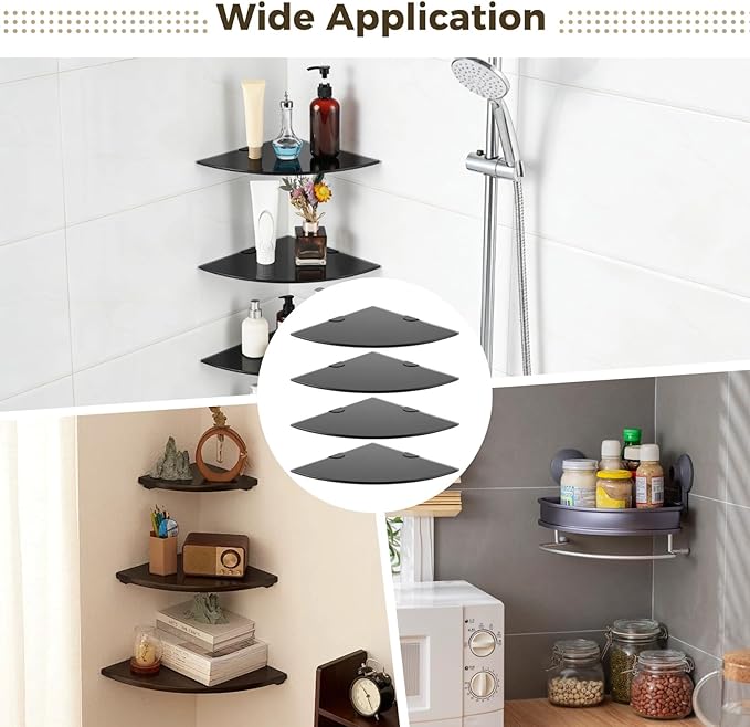 4 PCS Corner Glass Shower Caddy, Thick Tempered Glass Wall Mount Corner Shelves with Metal Brackets Screws, Space Saving Bathroom Organizer for Shampoo Toiletries Kitchen Living Room