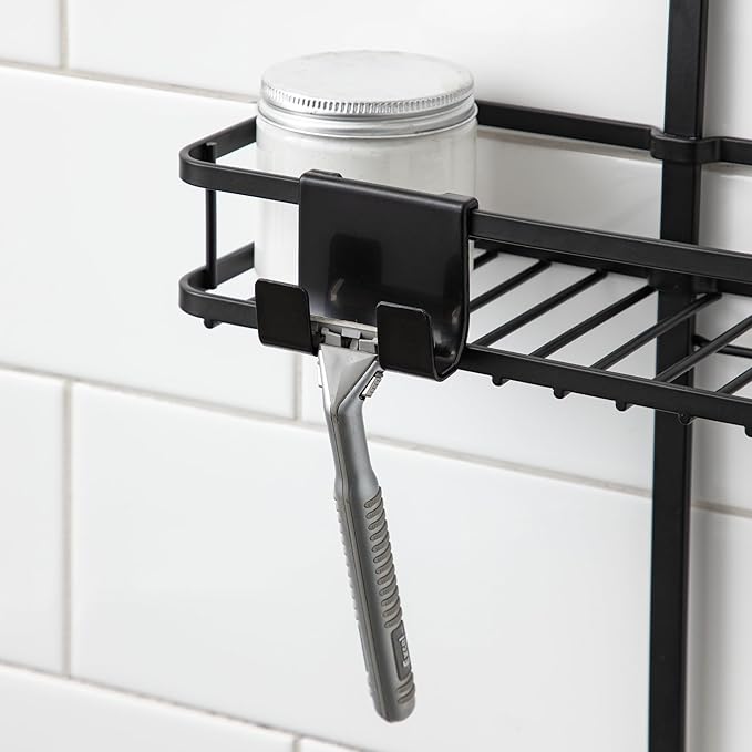 iDesign Self-Adhesive Shower Caddy with Mirror and Accessory Hooks - Matte Black