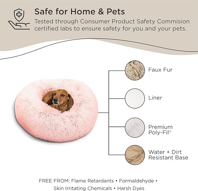 Best Friends by Sheri Original Calming Donut Dog and Cat Bed, Shag Faux Fur, Cotton Candy Pink, (23in x 23in) - Anxiety Relief for Pets Up to 25 lbs