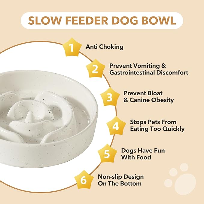Ceramic 3.2 Cup Dog Bowl Slow Feeder for Large Dog, 9.5inch Pet Slow Dish, Stop Bloat, Preventing Choking(Single Bowl, Vanilla White)