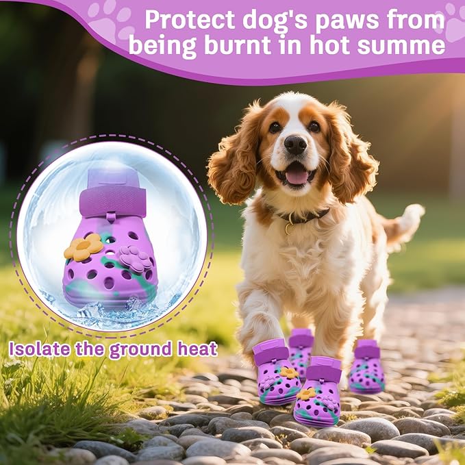 Dog Shoes for Hot Pavement, Adjustable Magic Tape Boots for Small, Medium & Large Dogs, Anti-Slip, Easy to Clean Paw Protectors for Beach, Outdoor & Hot Weather (Purple M)