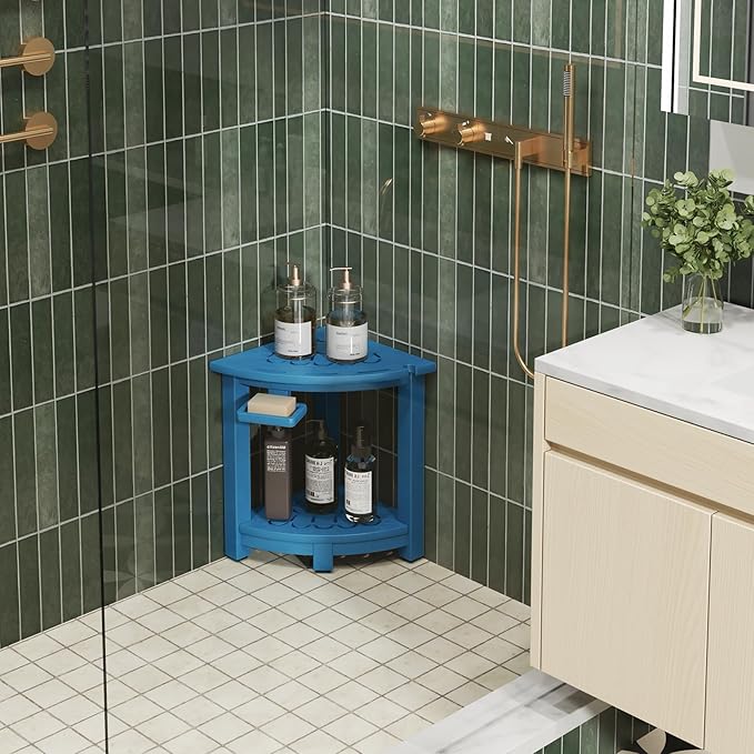 nalone Corner Shower Stool, HDPE Shower Bench for Inside Shower, Small Shower Chair Seat for Shaving Legs with Storage Shelf, Soap Box and No-Slip Feet (Navy Blue)