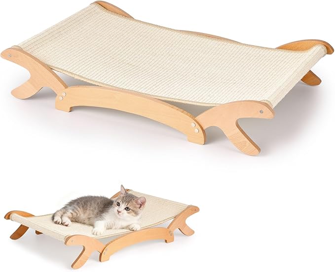 Elevated Cat Bed with Sisal Hammock for Cats, Large Sisal Scratcher Bed for Indoor Cats, Solid Beech Wood Frame up to 22Lbs (26.3" Lx16.1 Dx4.7 H)