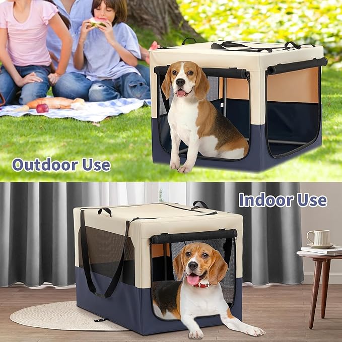 A 4 Pet Soft Dog Crate 30 Inch Small Portable Collapsible Pet Travel Kennel, 3-Door Lockable Zippers & Reinforced Steel Frame, Easy Setup, Mesh Panels โ Ideal for SUV, Car, Camping & Home Use