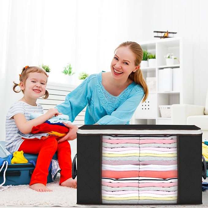 Large Storage Bags, 3 Pack Clothes Storage Bins Foldable Closet Organizers Storage Containers with Durable Handles Thick Fabric for Blanket Comforter Clothing Bedding 90 L (Black)