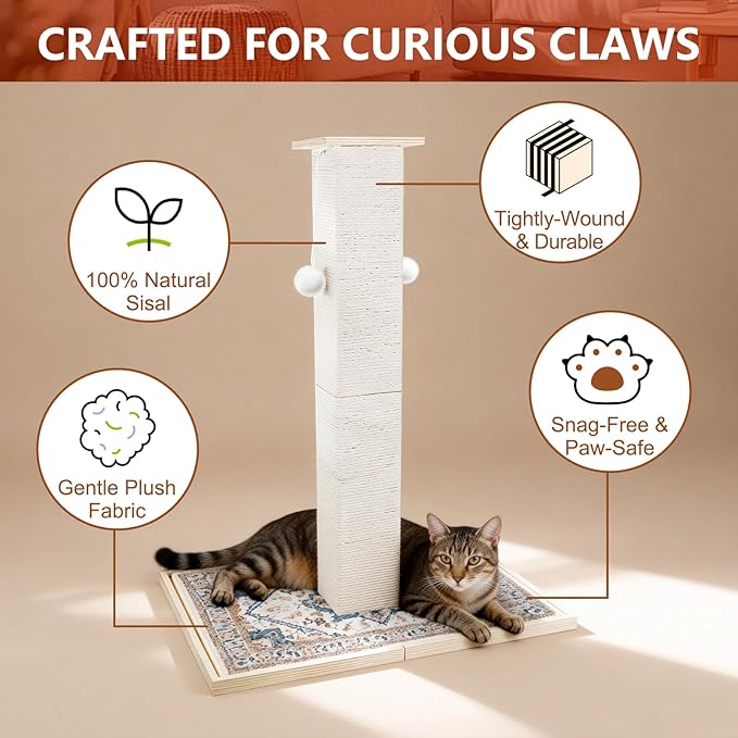 Tall Cat Scratching Post Cat, Modern Cat Scratcher for Indoor Cats, Cat Scratch Post with Carpet, Natural Sisal, Dangling Toy Balls and Perches, for Kittens & Adults