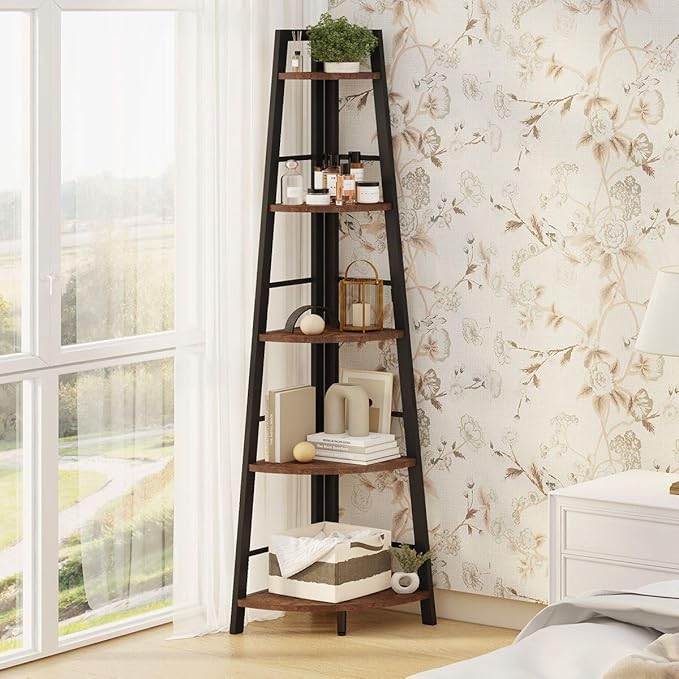 BON AUGURE Rustic Corner Ladder Shelf, 5-Tier Black Metal Wood Corner Bookshelf, Narrow Tall Bookcase Shelving Unit for Living Room, Home Office, Small Space (Rustic Oak)