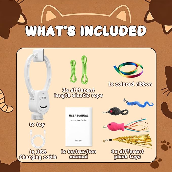 Automatic Cat Toy for Indoor Cats, Interactive Door Hanging Cat Toy with Smart Touch Restart, USB Rechargeable Cat Teaser with Elastic Rope, Adjustable Height Cat Toy for Kittens & Adult Cats (White)