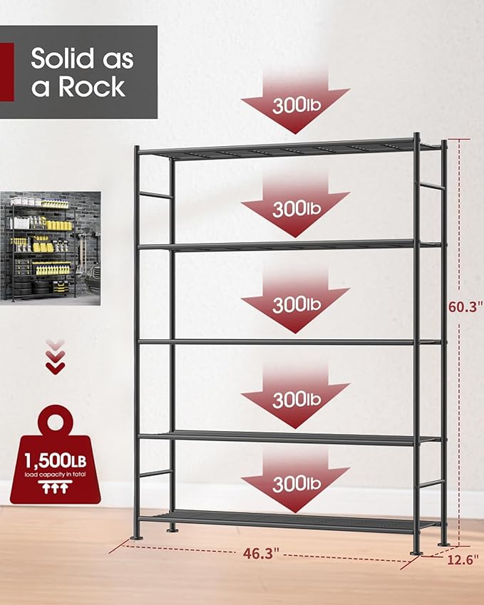 Storage Shelves - 5 Tier Shelf Organizer, Heavy Duty Garage Shelving Unit with Leveling Feet, Stable Metal Shelves Organizer for Pantry, Kitchen and Closet, 46.3" W x 12.6" D x 60.3" H, Black