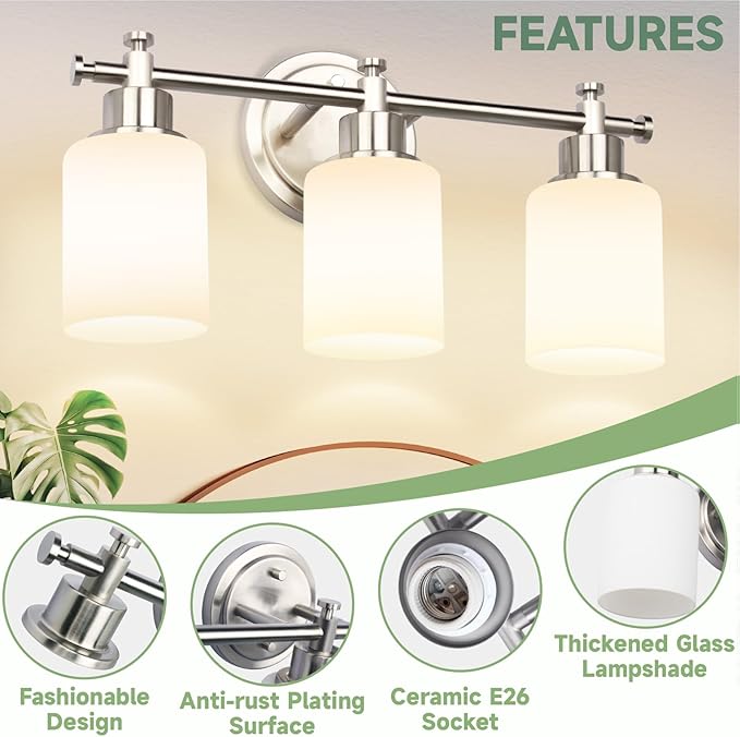3-Light Bathroom Vanity Light Fixtures, Brushed Nickel Compact Wall Sconce with White Glass Shade for Mirror, Bathroom, Living Room, Modern Style, E26 Base, 15.75 Inch