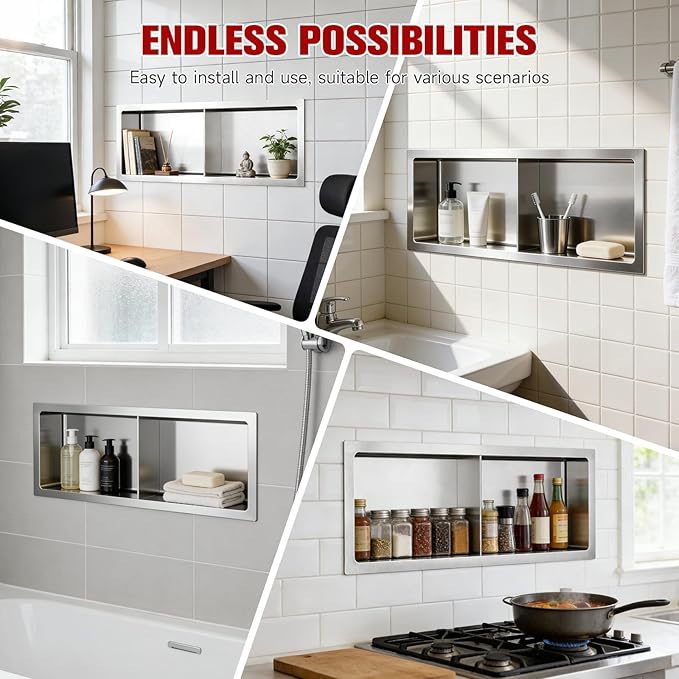 No Tile Needed Shower Niche 9"X 25", Bathroom Wall Niche Double Shelves, Stainless Steel Shower Niche for Bathroom, Kitchens, Balconies