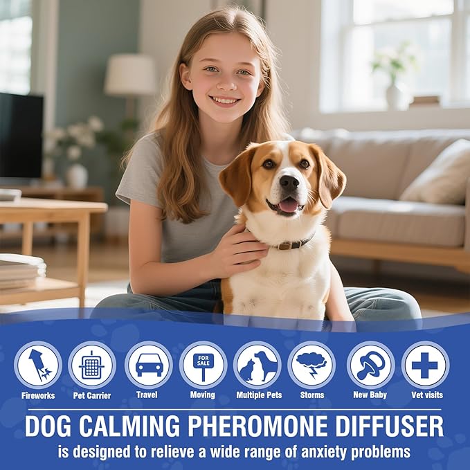 Calming Diffuser Dog Pheromone 4 in 1 Appeasing Pet Pheromones Diffuser to Calm Kit (Plug in+ 3 Pack 48ml Refill) for Anxiety Relief Reduce Barking Aggression Fighting Stress 90 Day Supply