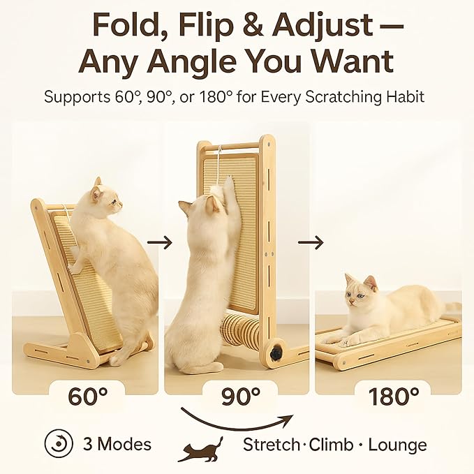 32" Foldable Sisal L Shaped Cat Scratch Pad with Ball Toy, Wooden Cat Scratching Post for Indoor Cats, 180° Angles Cat Scratcher for Indoor Cats, Durable Modern Cat Scratching Board