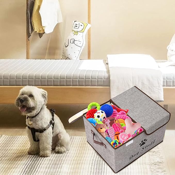 Geyecete Large Storage Boxes - Large Linen Fabric Foldable Storage Cubes Bin Box Containers with Lid and Handles for Dog Apparel & Accessories, Dog Coats, Dog Toys, Dog Clothing(Grey)