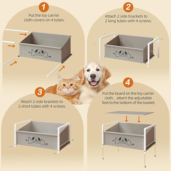 Dog Toy Box for Storage, Metal Frame Oxford Fabric Pet Toy Organizer with Raised Legs, Large Capacity Dog Toy Basket with Front Low Opening, Washable and Durable Design