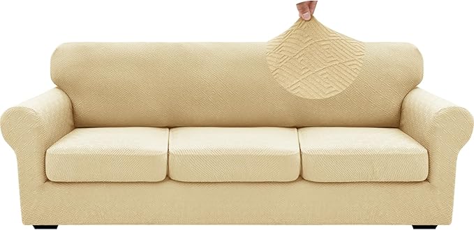 XINEAGE 2025 New 4 Pieces Extra Large Couch Covers for 3 Cushion Sofa Super Stretch Sofa Cover for 3 Large Seat Cushion Universal Fitted Slip Cover for Living Room (Beige), 91"-110"(3 Cushions)