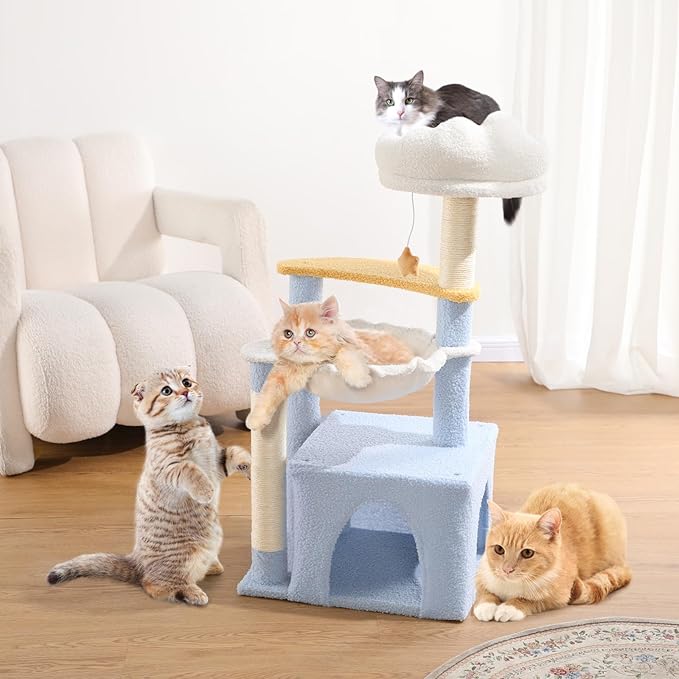 Cat Tree with Sisal Scratching Posts Cat Tower with Hammock Cute Cat Condo for Small Indoor Cats with Comfy Cat Bed and Perch