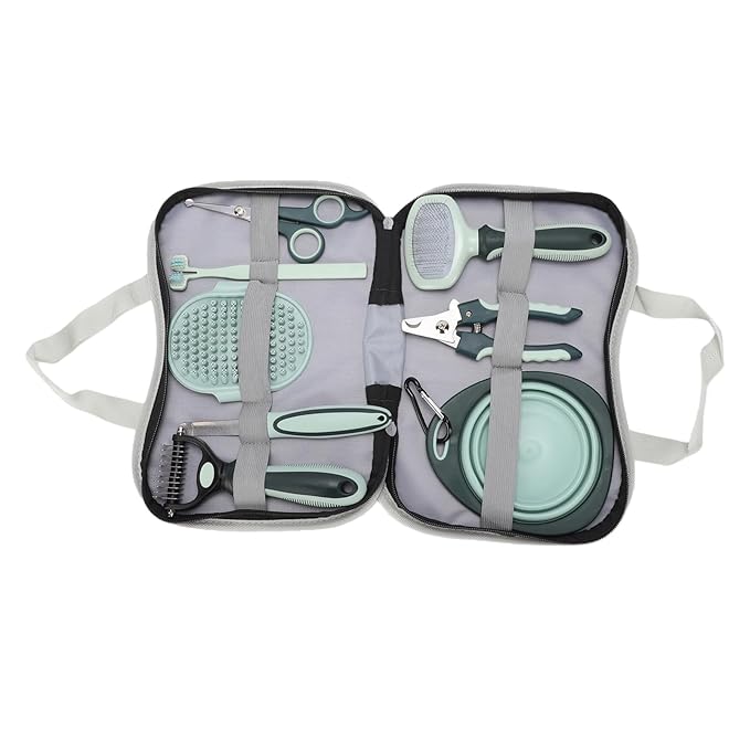 8 Pcs Dog Cat Grooming Kit, Professional Deshedding Bath Brush with Rake Nail Clippers Comb Toothbrush, Portable Storage Bag for Daily Pet Care and Shedding Control