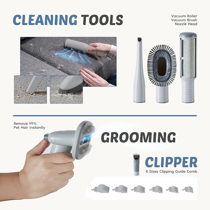 DUMOS 2.5L Pet Grooming Vacuum Kit, 3 Adjustable Suction Modes, 5 Professional Grooming Tools with Cordless Low Noise Dog & Cat Hair Clippers, Classic Gray