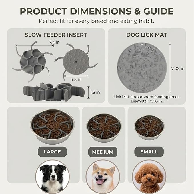 2-in-1 Dog Slow Feeder Insert and Lick Mat Set, Silicone Pet Licking Pad with Suction Cups, Slow Feeding Bowl Insert for Wet & Dry Food, Grey