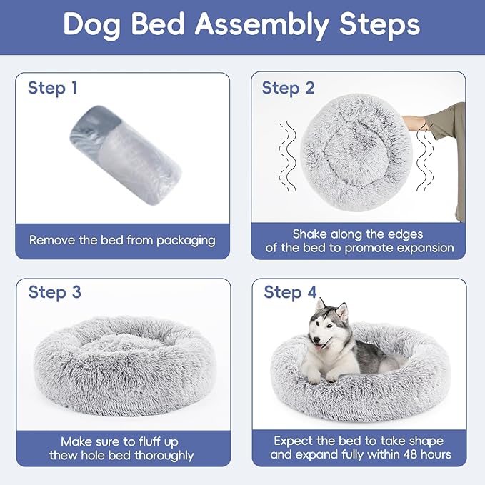 FluffyDream 30 inch Donut Bed - Calming Dog Bed, Plush Washable, Grey