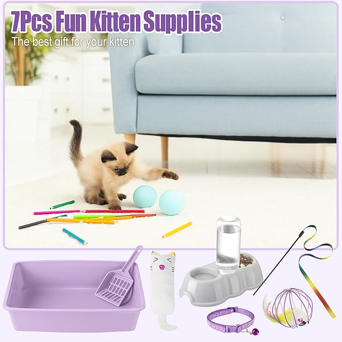 7 Pcs Small Cat Kitten Starter Kit Cat Litter Box with Shovel Paw Litter Mat Double Automatic Kitten Bowls Toy Teaser Stick Collar Essentials Kits for 1-3 Lbs Beginner(Simple,Purple)
