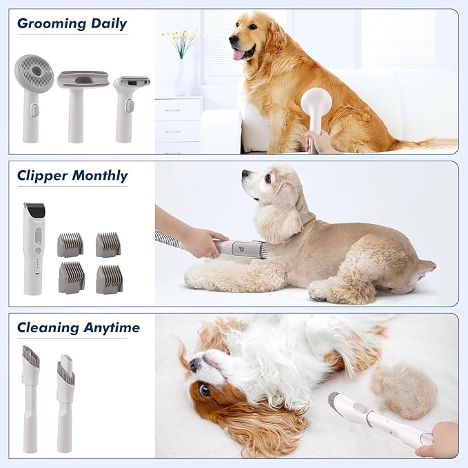 Dog Grooming Kit, Pet Grooming Kit 2L Large Container, Quiet Pet for Shedding, Dog Hair Trimmer for Home and Professional Use, Gray