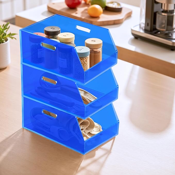 Gelite Stackable Storage Bins Open Front Organizer Bins with Handles Acrylic Storage Container for Pantry Kitchen Cabinet Bathroom Closet Office Organization, 15.4x11.4x6.7'', Navy Blue