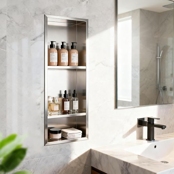 EasyVibe 3-Tier 304 Stainless Steel Shower Niche 30 x 12 Inch, No Tile Needed Large Recessed Wall Insert with Three Shelves, Brushed Metal Waterproof Storage for Bathroom & Wet Room, Sliver