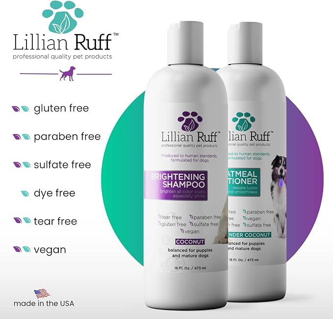 Lillian Ruff Brightening Shampoo & Oatmeal Conditioner Set for Dogs β Safe for Cats - Tear Free Coconut Scent with Aloe for Normal, Dry & Sensitive Skin