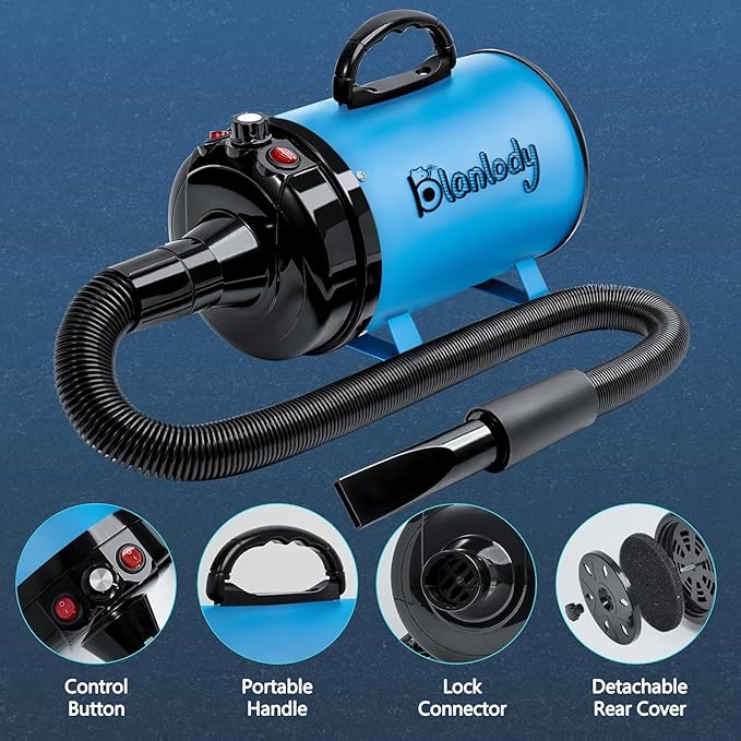 High Velocity Dog Hair Dryer 5.2HP/ 3800W Professional Dogs Blower Grooming Dryer, Adjustable Temperature and Speed Pet Dryers with 4 Nozzles and a Comb, Blue