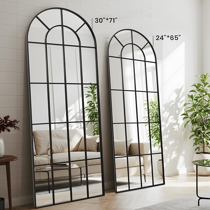 Arched Windowpane Mirror Full Length 65"x24" Wall Mounted Black Art Pane Farmhouse Decorative Floor Mirror Leaning Hanging Wall Mirror for Bedroom Living Room Entrance