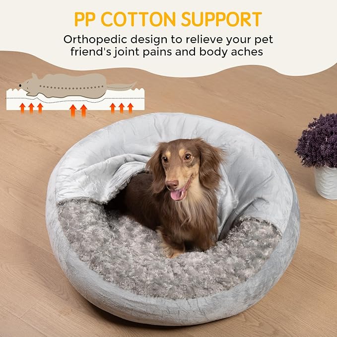 Cave Dog Bed with Blanket Donut Round Plush Cozy Cat Pet Bed for Puppy Machine Washable Removable Cover Cat Anti-Slip Bottom Gray 26X26X8 inch