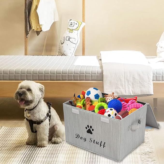 Geyecete Large Storage Boxes - Large Linen Fabric Foldable Storage Cubes Bin Box Containers with Lid and Handles for Dog Apparel & Accessories, Dog Toys(BambooGray)