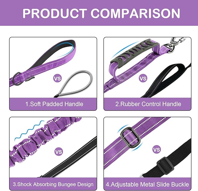 Heavy Duty Dog Leash for Medium Large Dogs That Pull,4-6FT Shock Absorbing Bungee Tactical Dog Leash with Control Padded Handle and Car Seatbelt, Reflective Lead for walking training,Purple